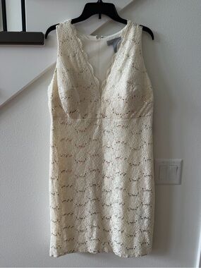 R&M Richards Ivory Sequin Scalloped V-Neck Midi Dress
